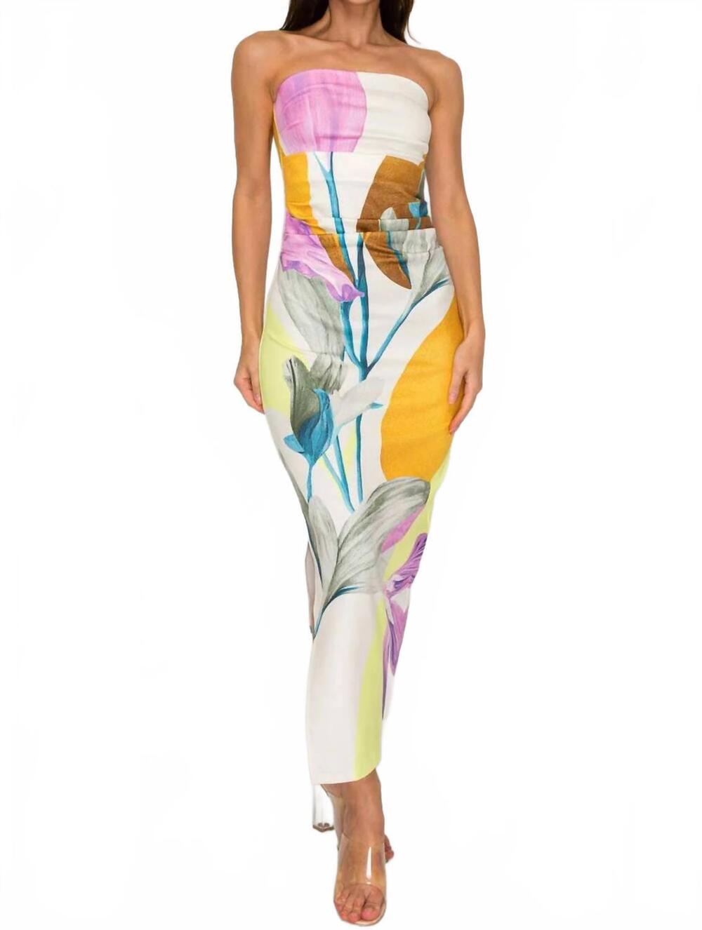 NEW HER BOTTARI floral print strapless dress in cream multi